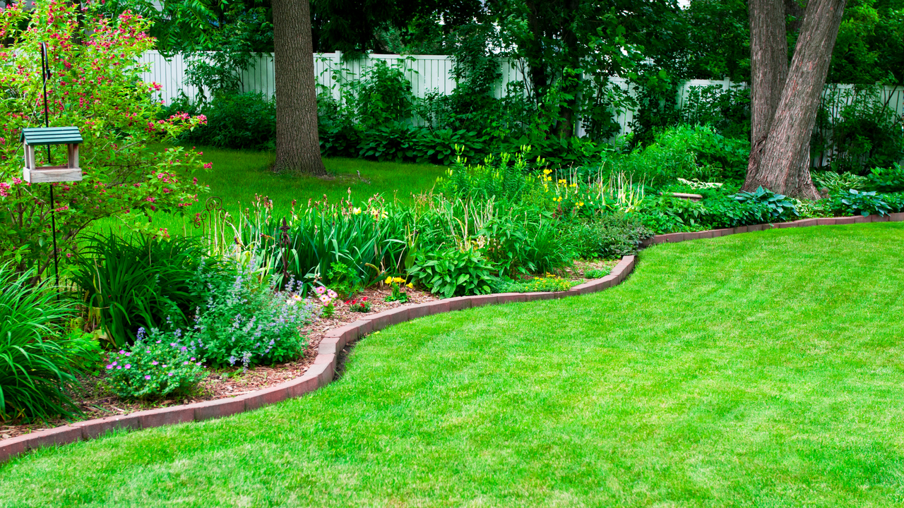 Lush green lawn bordered by vibrant flower beds and mature trees, showcasing a well-maintained summer courtyard.