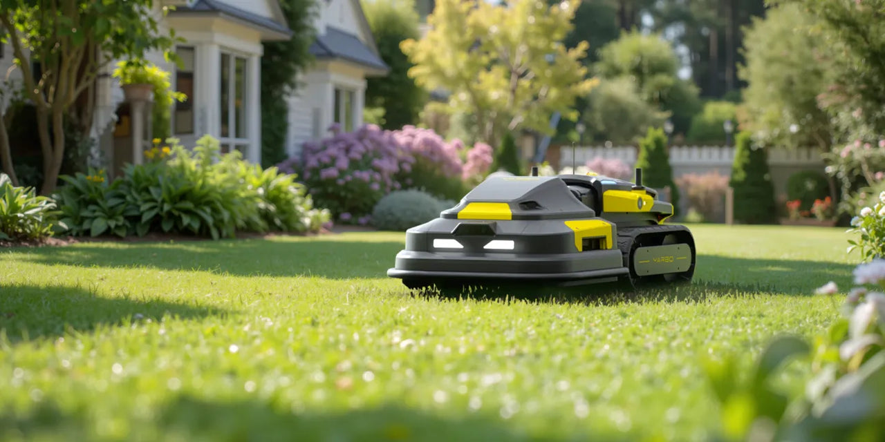 Compact yellow-and-gray robotic mower glides across lush green lawn in sunny suburban garden.