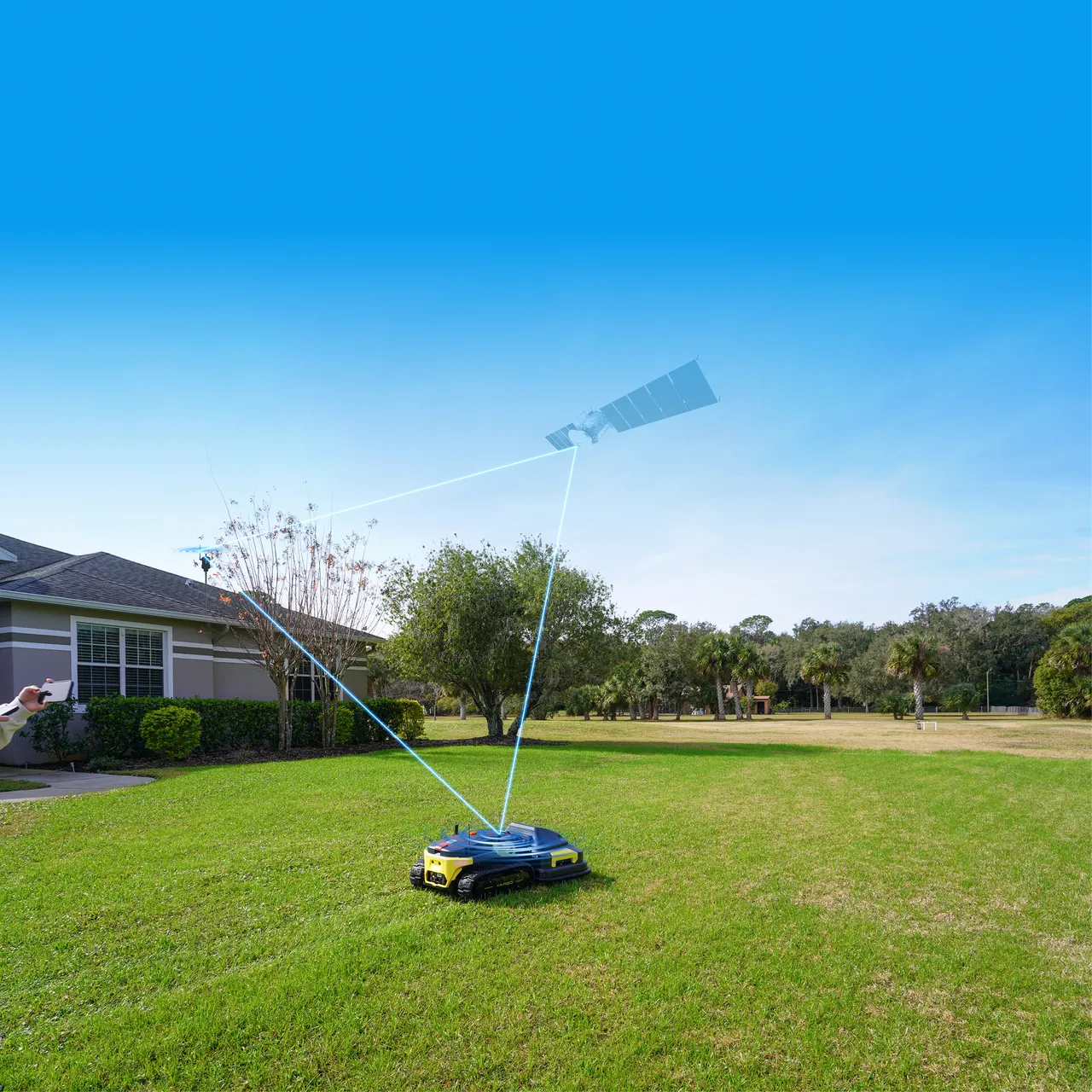 GPS-guided robot mower on lush lawn, connecting to satellite for precise navigation, smart home gardening.