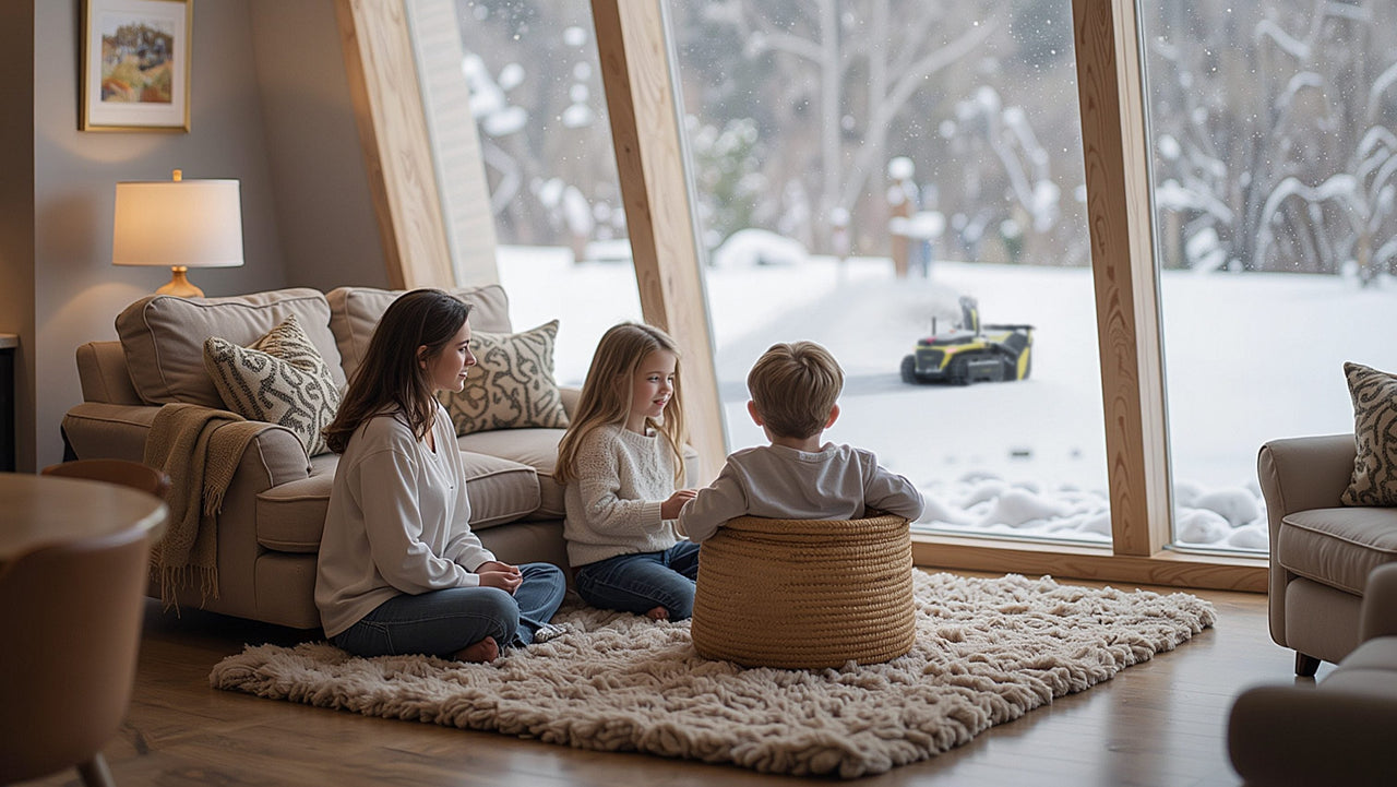 Family watches remote control snow blower clear driveway from cozy living room, snowy landscape outside.
