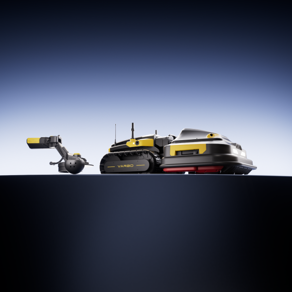 Three black and yellow YARBO robotic lawn mowers on a dark surface, gradient blue background, sleek modern design.