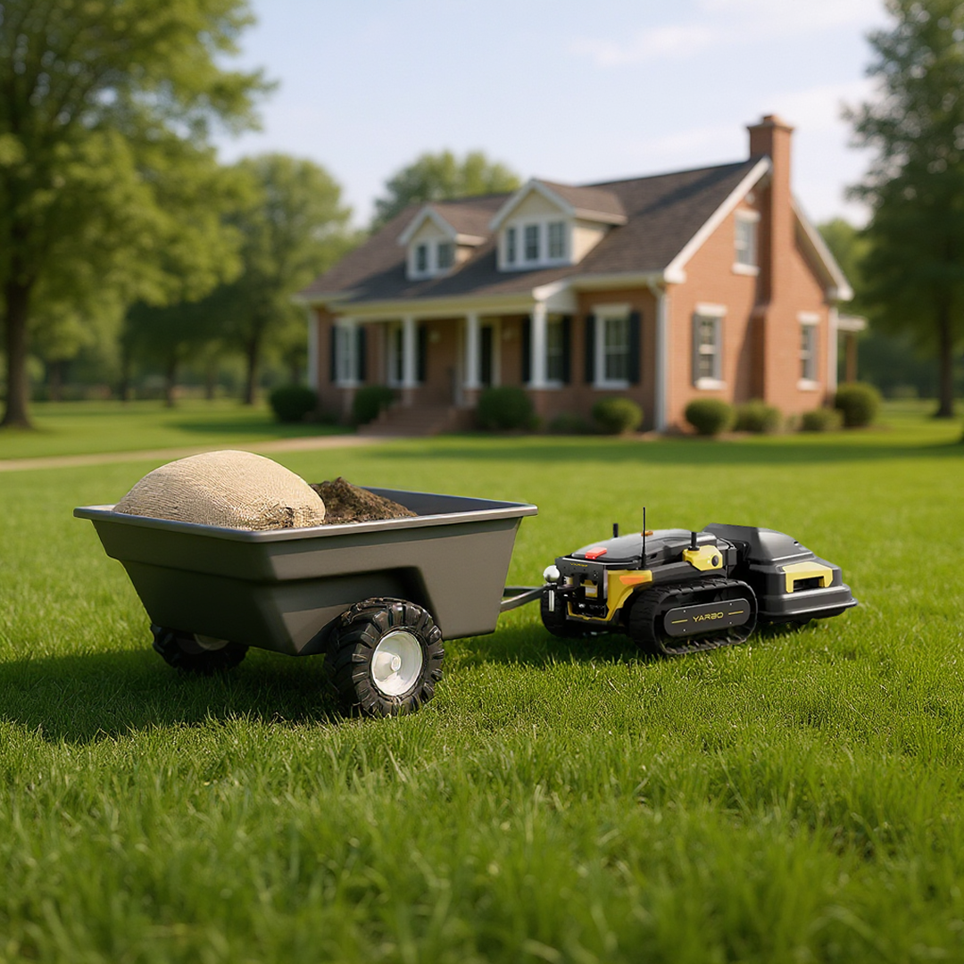 Black and yellow Y Series back brace mount by YARBO, attached to robotic lawn mower, towing gray wheelbarrow on green grass, side view.