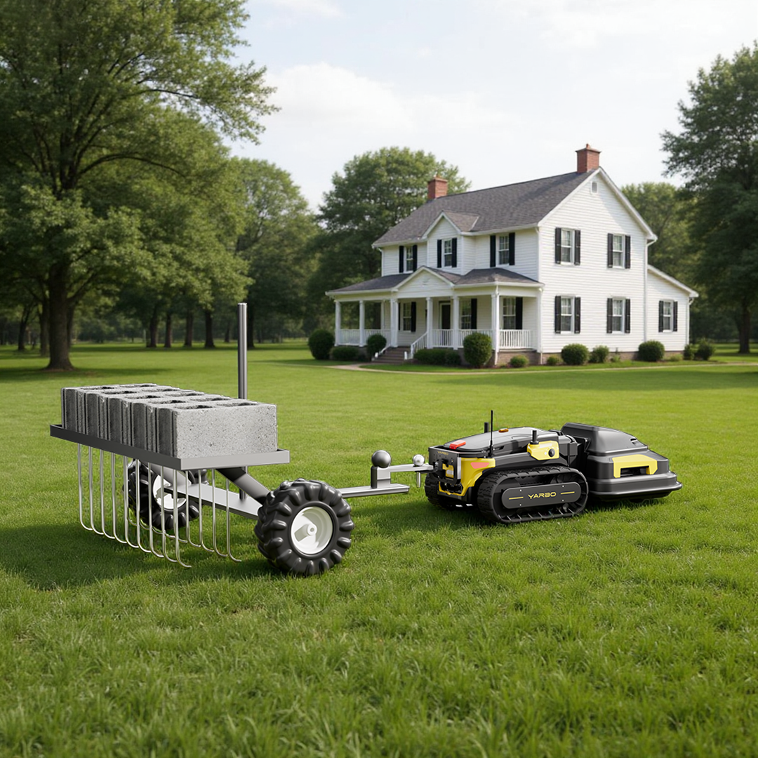 Metal back brace mount with adjustable arm and secure attachment points, shown in outdoor lawn setting with robotic mower.