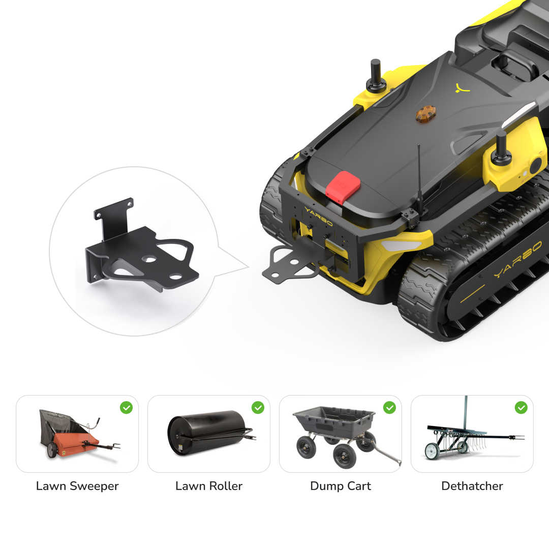 Black metal back brace mount for YARBO Y Series robot, shown attached to rear with circular close-up, compatible with lawn sweeper, roller, dump cart, and dethatcher attachments.