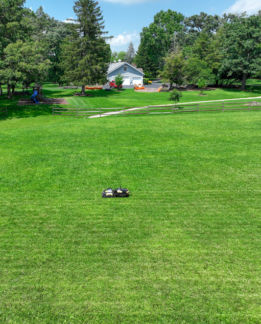 Black and yellow robotic lawn mower by Yarbo on lush green grass in a spacious backyard, side view, outdoor lifestyle scene