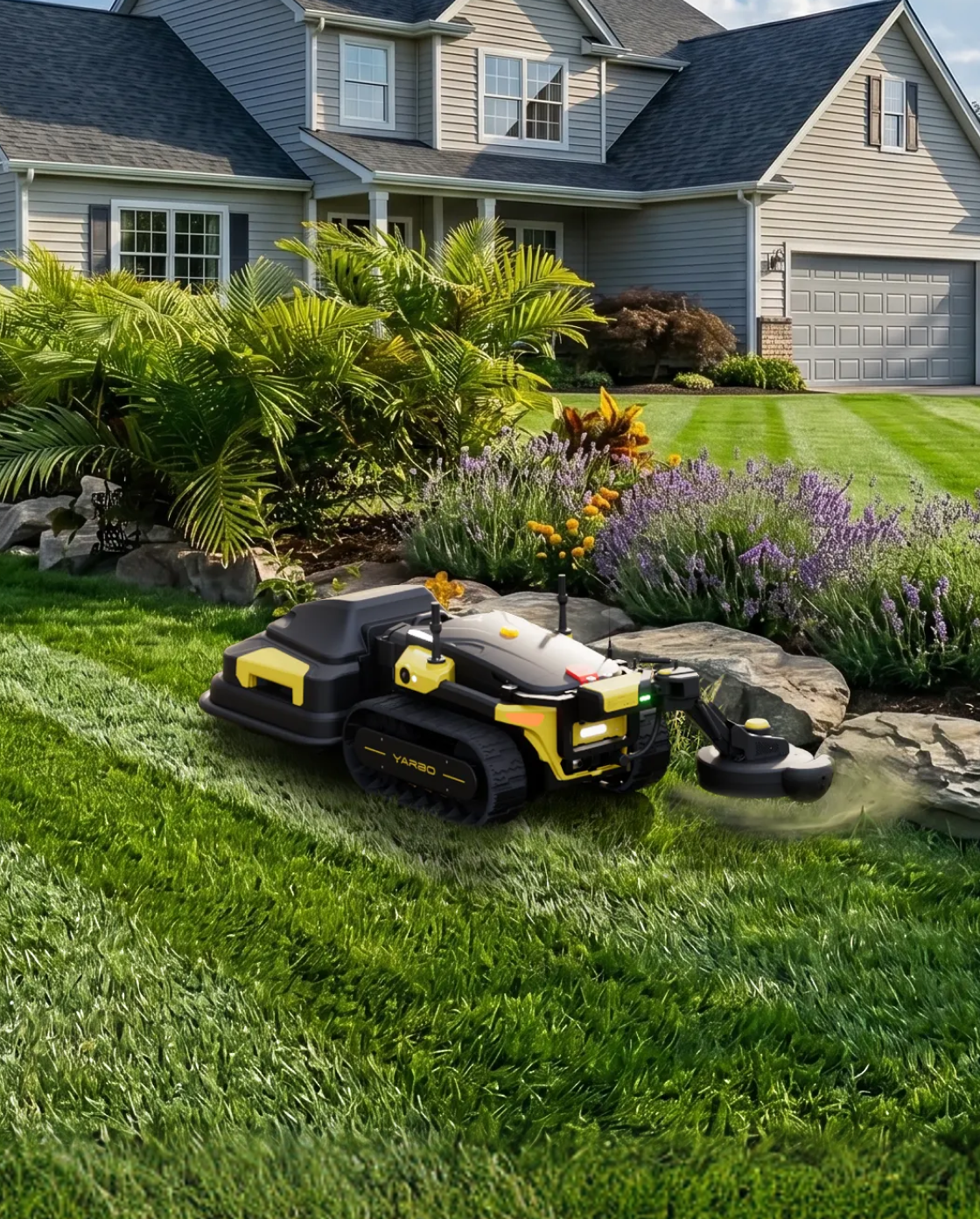 Black and yellow robotic lawn mower by Yarbo with tracked wheels, side view on green grass in front of house.