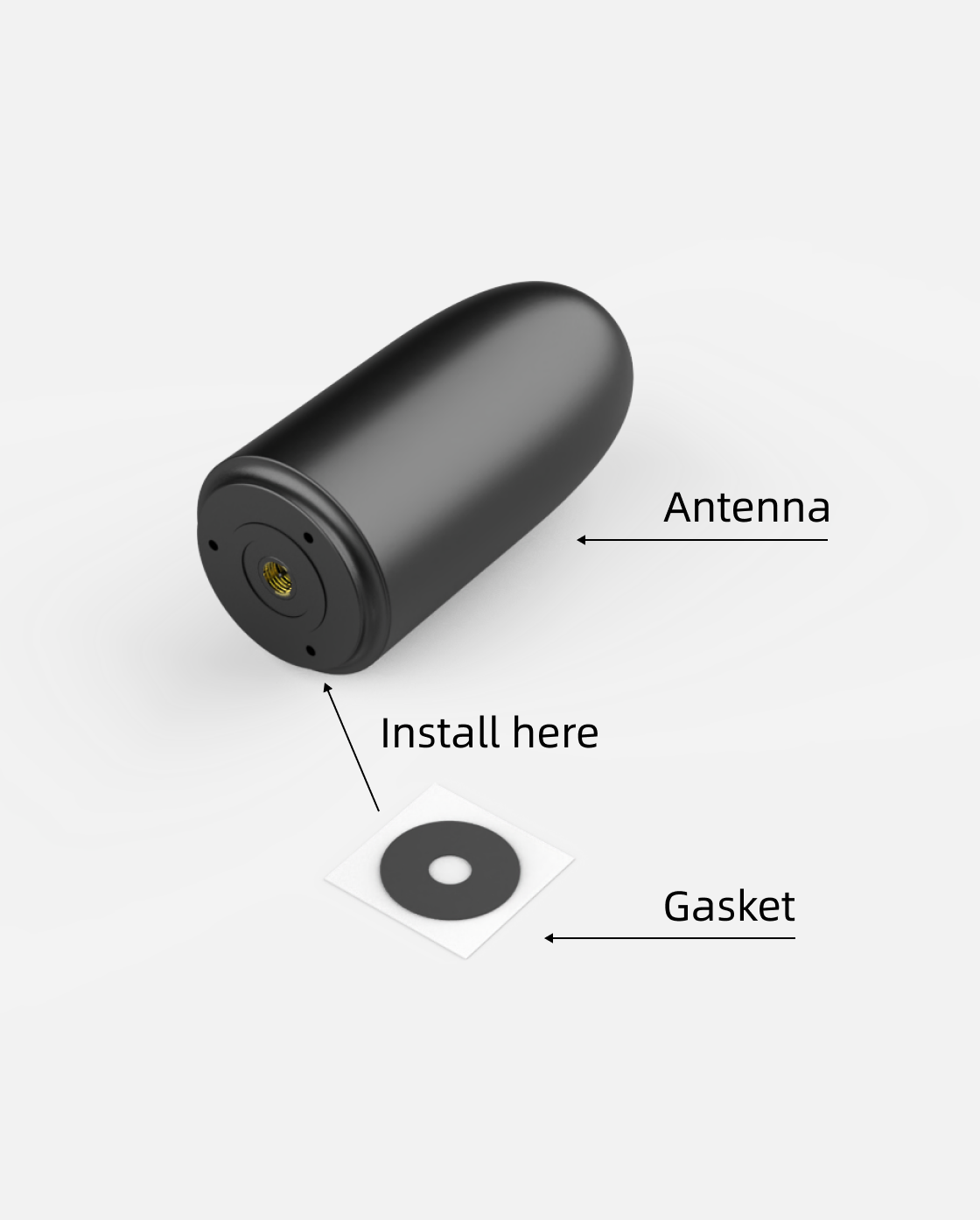Black cylindrical RTK antenna with gold connector and included gasket, side view diagram