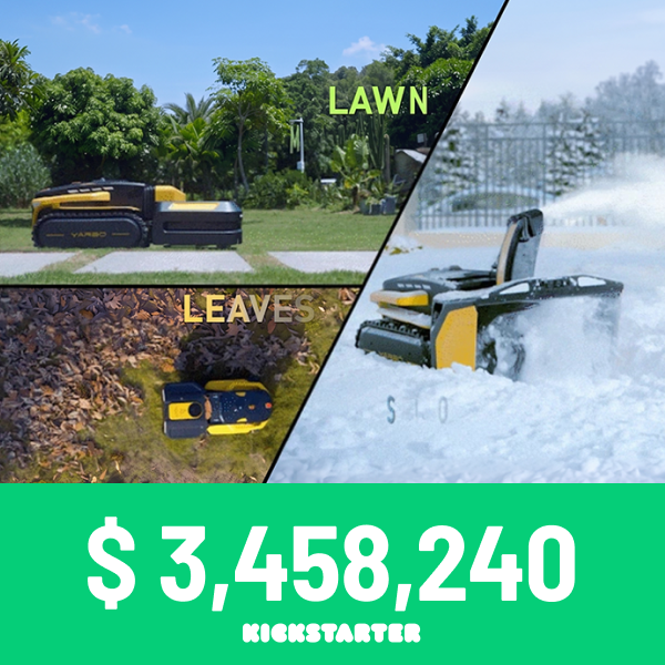Yellow and black robotic lawn mower in action: mowing grass, clearing leaves, and plowing snow, with Kickstarter funding displayed.