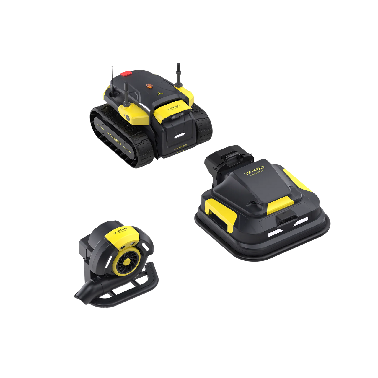 Three black and yellow YARBO robotic lawn mowers with tracks, wheels, and a blower, displayed against a white background.