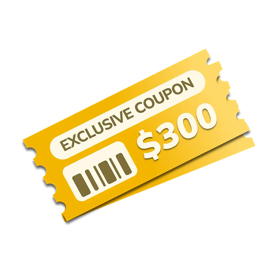 Golden ticket-style coupon with "EXCLUSIVE COUPON" and "$300" text, barcode, perforated edges, white background.