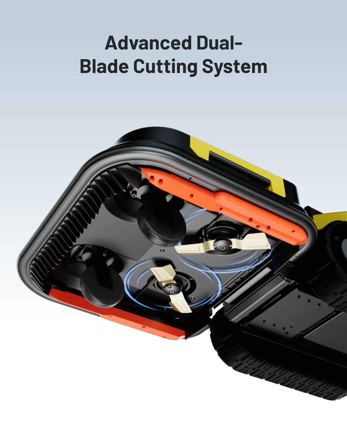 Black and yellow robotic lawn mower by Yarbo with dual cutting blades and orange accents, top-down view showing advanced blade system