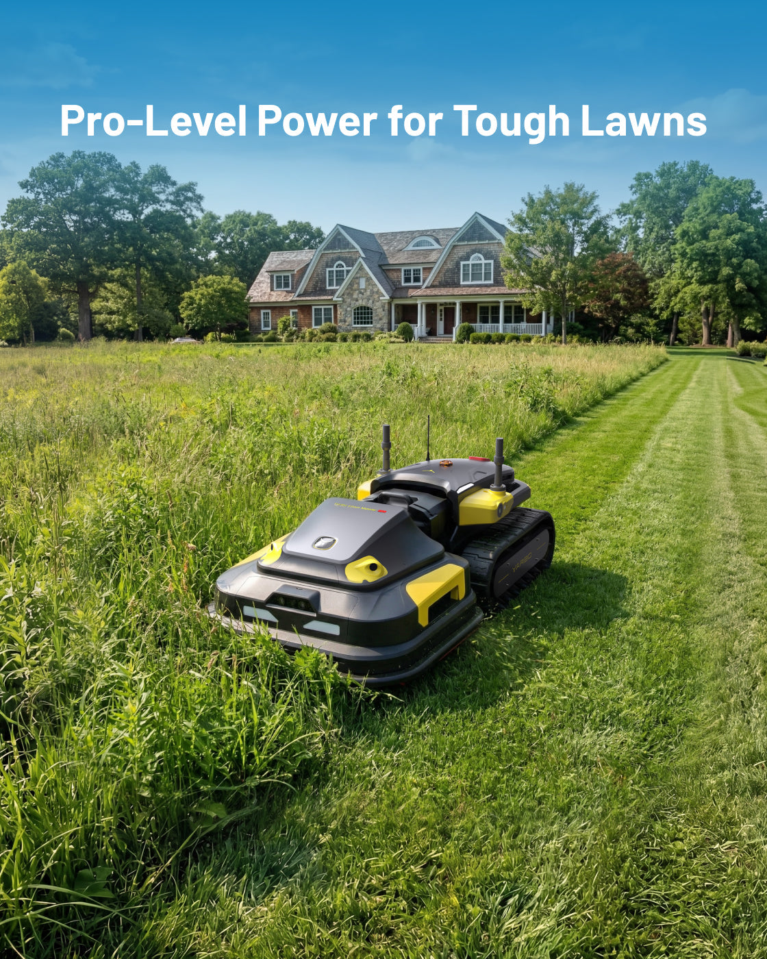 Robotic lawn mower with black and yellow body by Yarbo, featuring tank treads, cutting tall grass in a yard with striped lawn, side view.