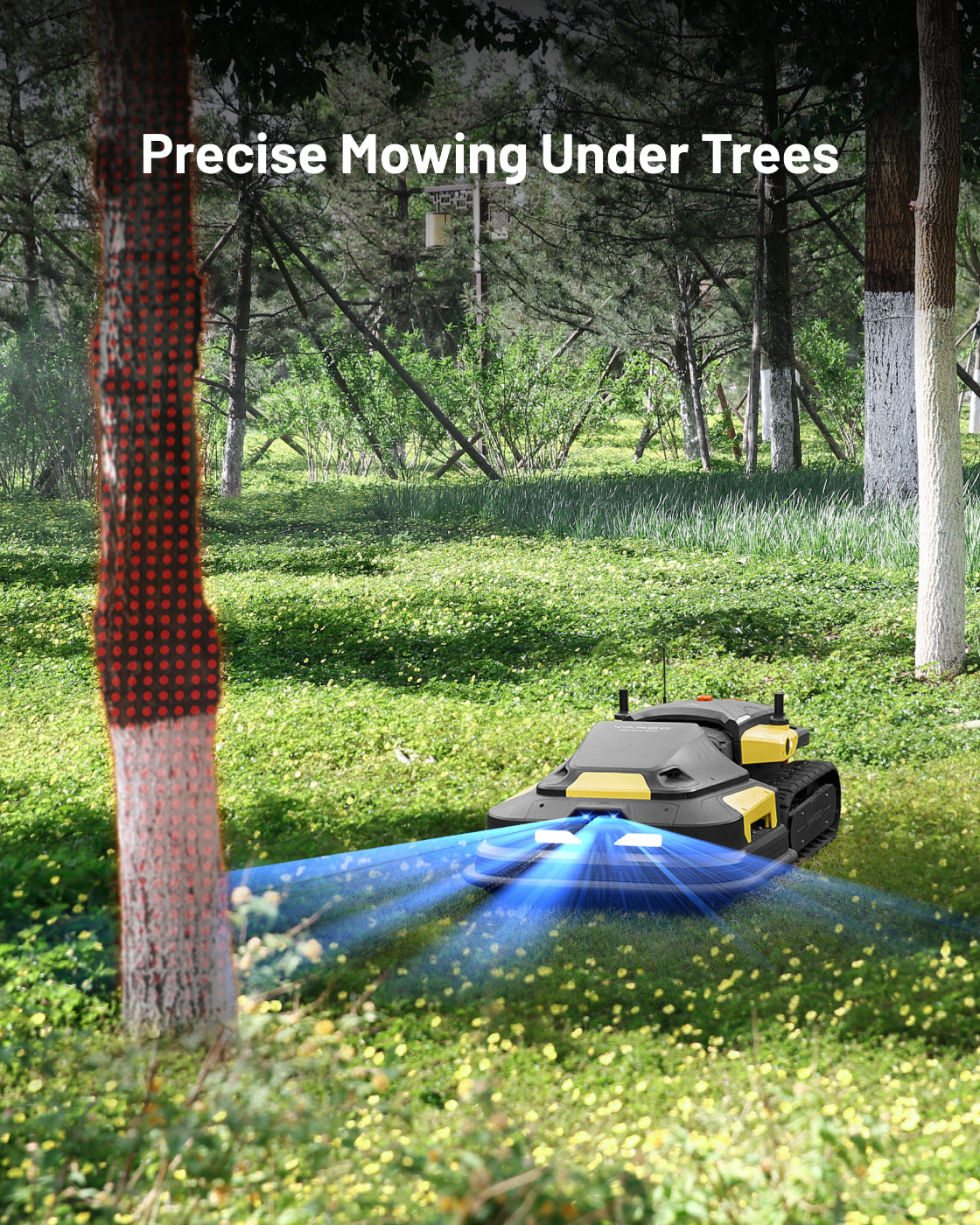 Robotic lawn mower with black and yellow body by Yarbo, featuring tank treads and blue sensor beams, mowing grass under trees in a garden setting.