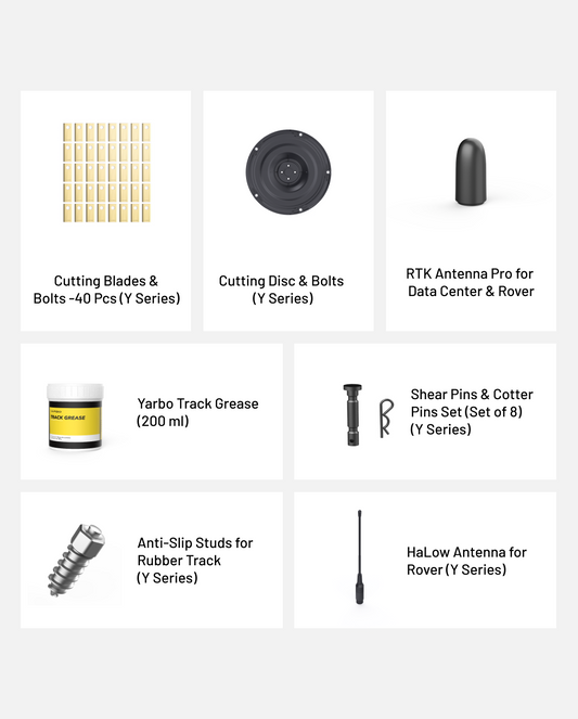All-year essential accessory kit featuring cutting blades, disc bolts, RTK and HaLow antennas, track grease, shear pins, and anti-slip studs in grid layout