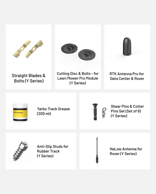 All-year essential accessory kit featuring straight blades, cutting discs, RTK and HaLow antennas, track grease, shear pins, and anti-slip studs for Y Series equipment, displayed in grid layout