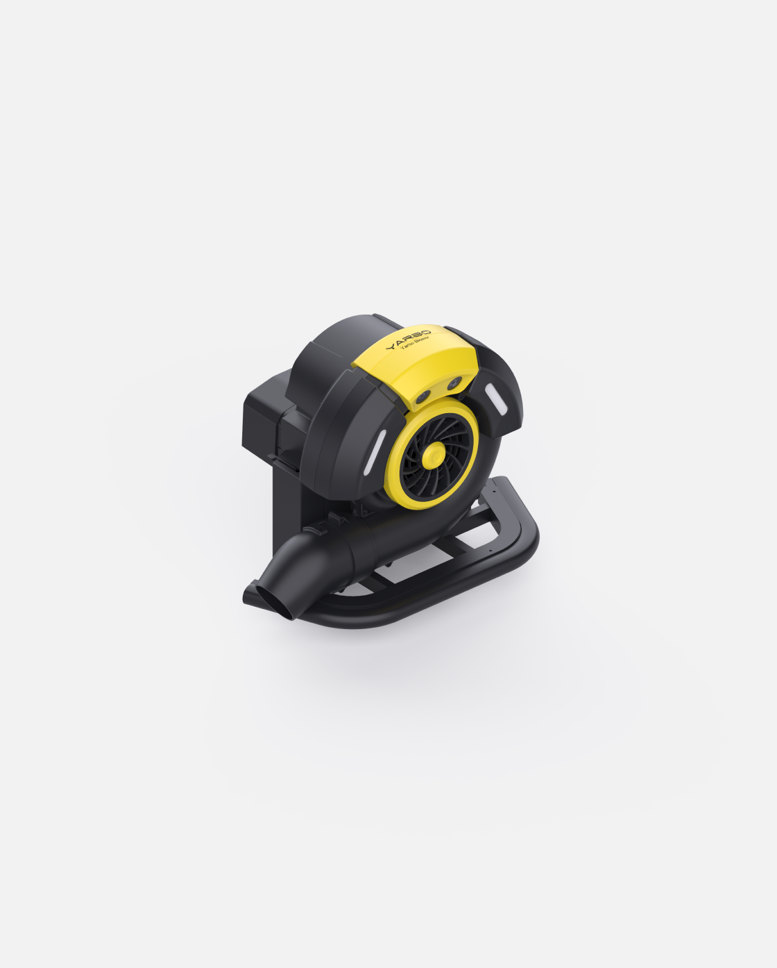 Black and yellow blower module with circular fan and side nozzle, by YARD, shown in angled studio view