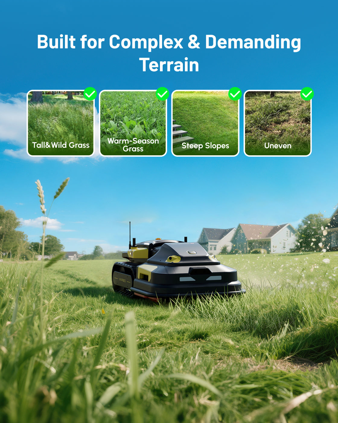 Black and yellow robotic lawn mower by Yarbo on grassy lawn, side view, with tracks and antenna, cutting tall grass in sunny outdoor setting