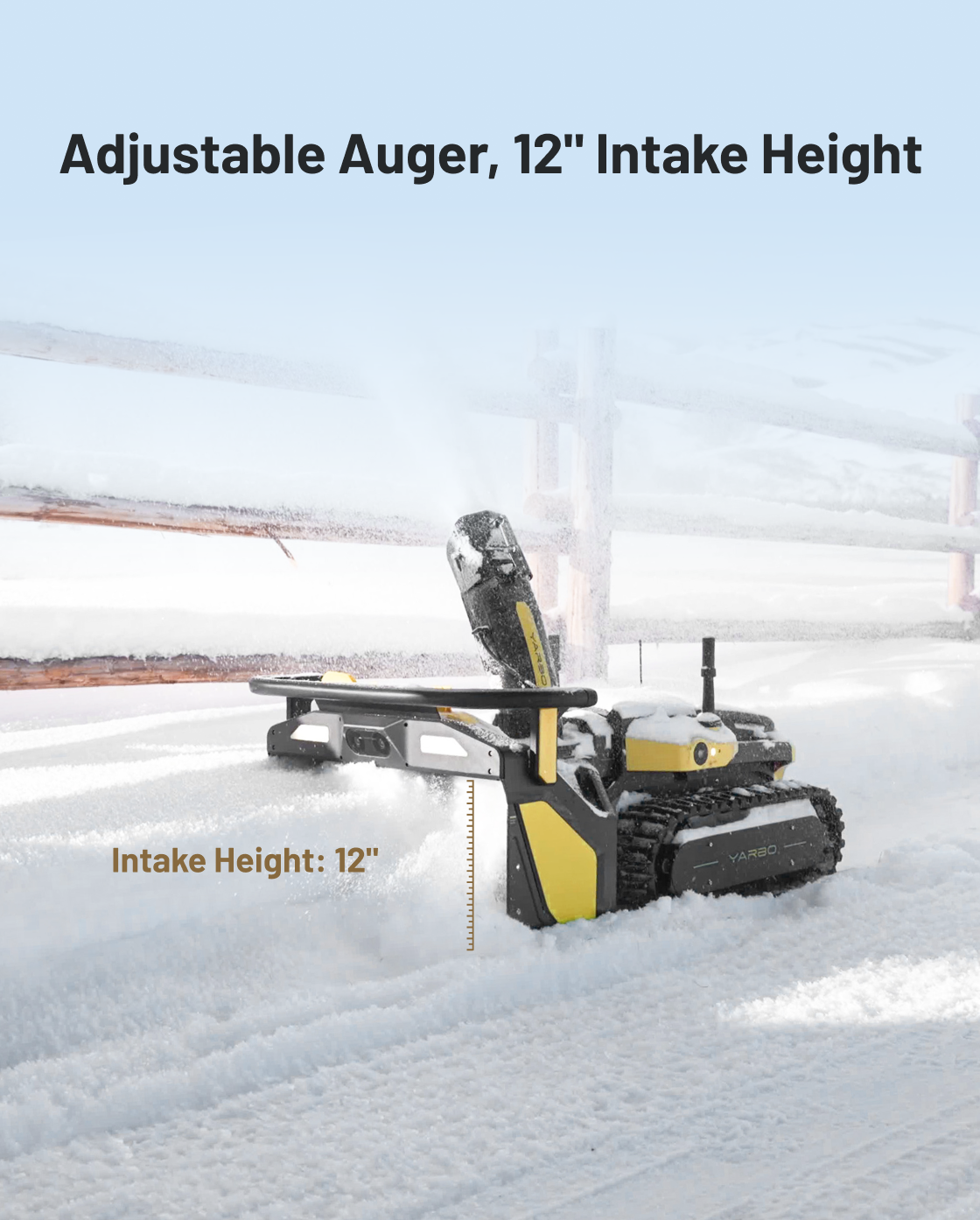 Yellow and black snow blower by Yarbo with adjustable auger, tracked base, and 12-inch intake height, clearing snow in side view.