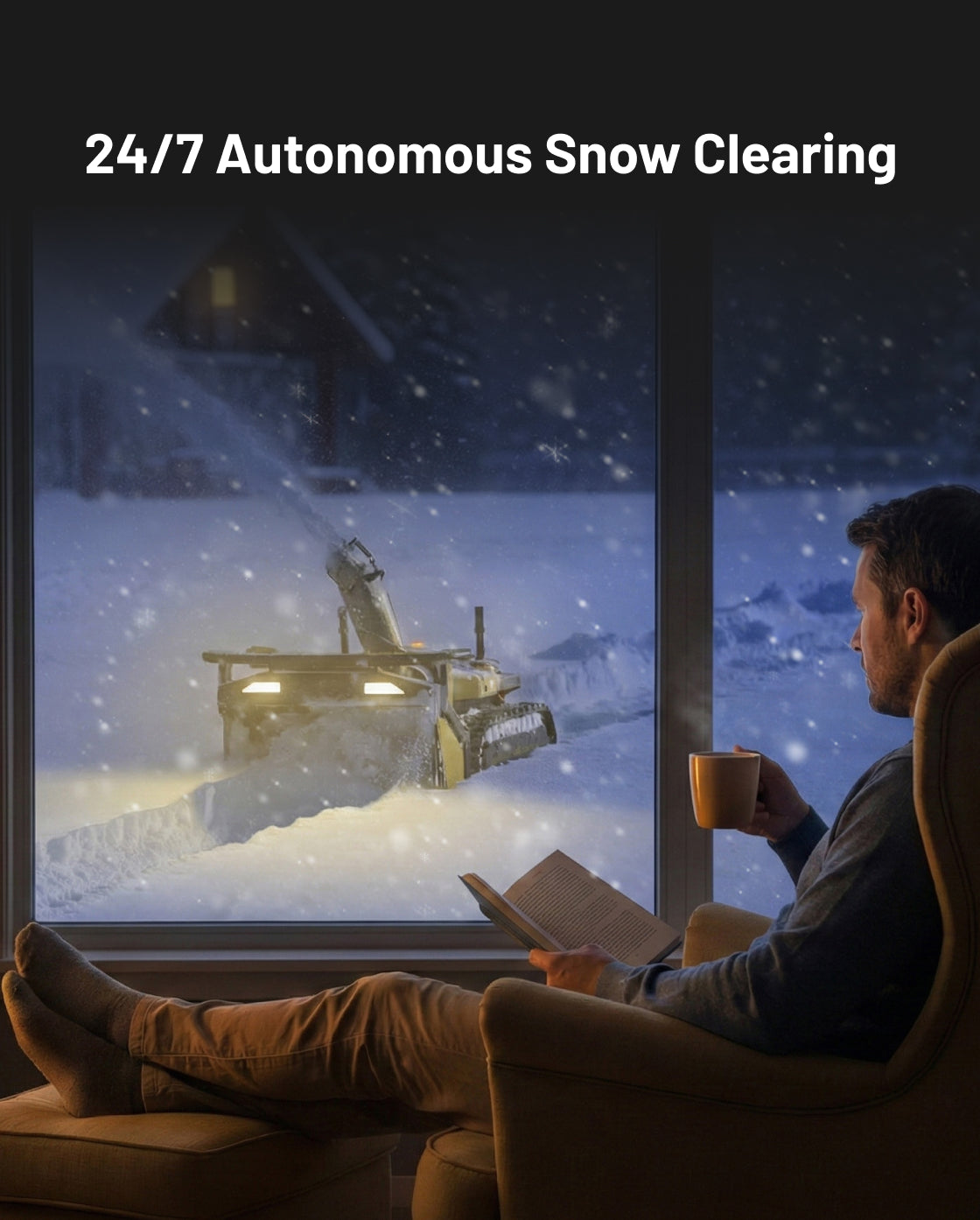 Yellow and black snow blower module (Y Series) in action clearing snow at night, viewed from inside through a window, with illuminated headlights and snow spray.