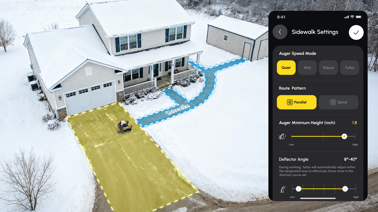 Aerial view of a snow-covered home with a robotic snow blower clearing the driveway, overlaid with a smartphone app interface showing sidewalk settings, route patterns, and auger speed options.