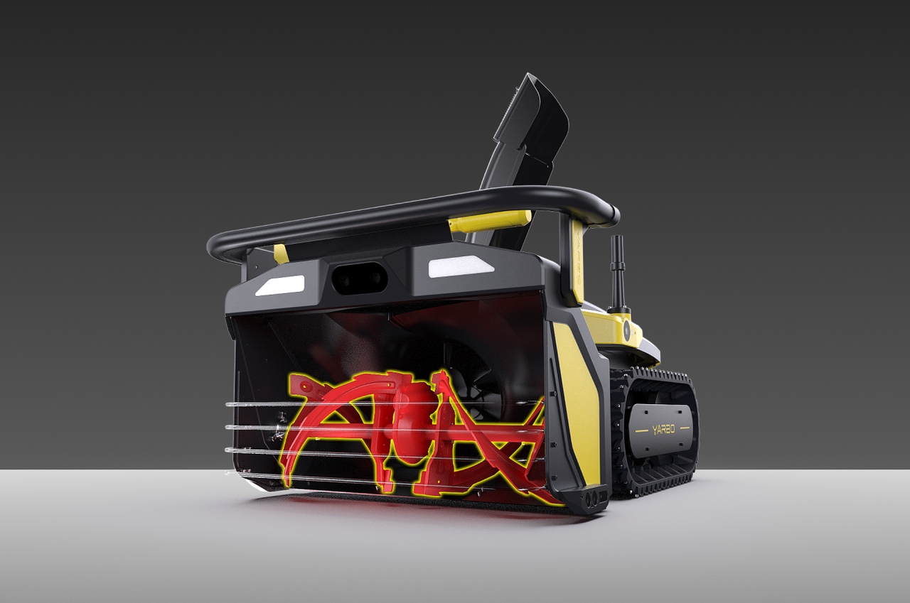Black and yellow snow blower with red auger, tracks, and "VARBO" branding, on gray background.