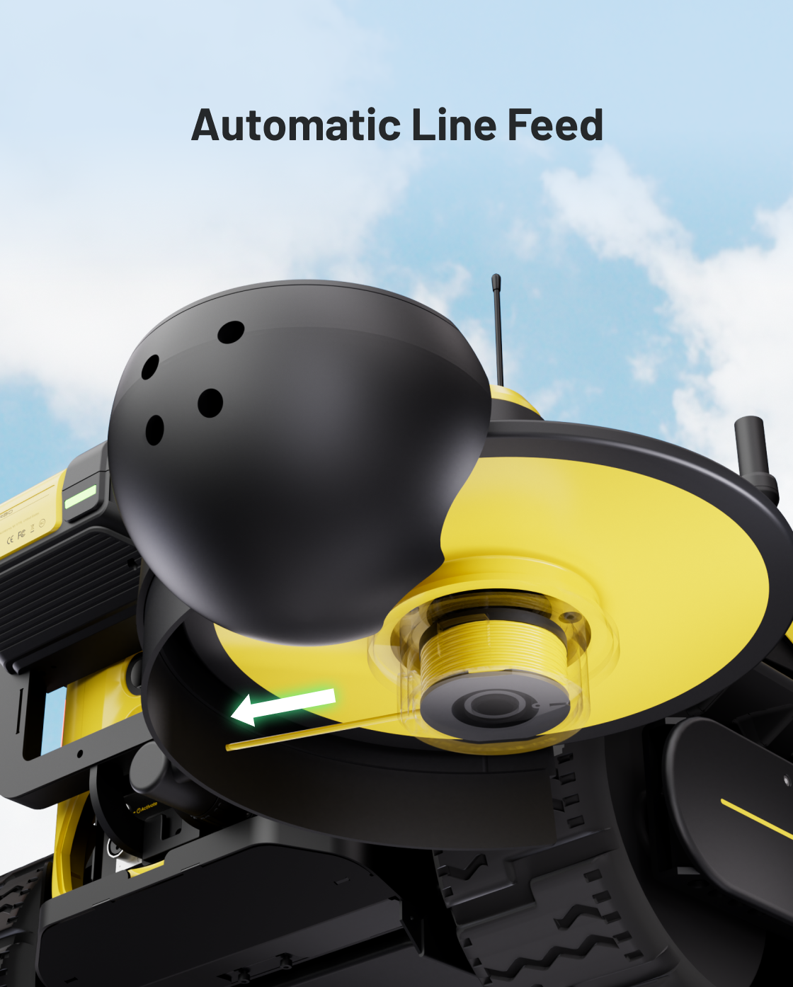 Yellow and black trimmer module with automatic line feed, featuring transparent spool and directional arrow, side view close-up.