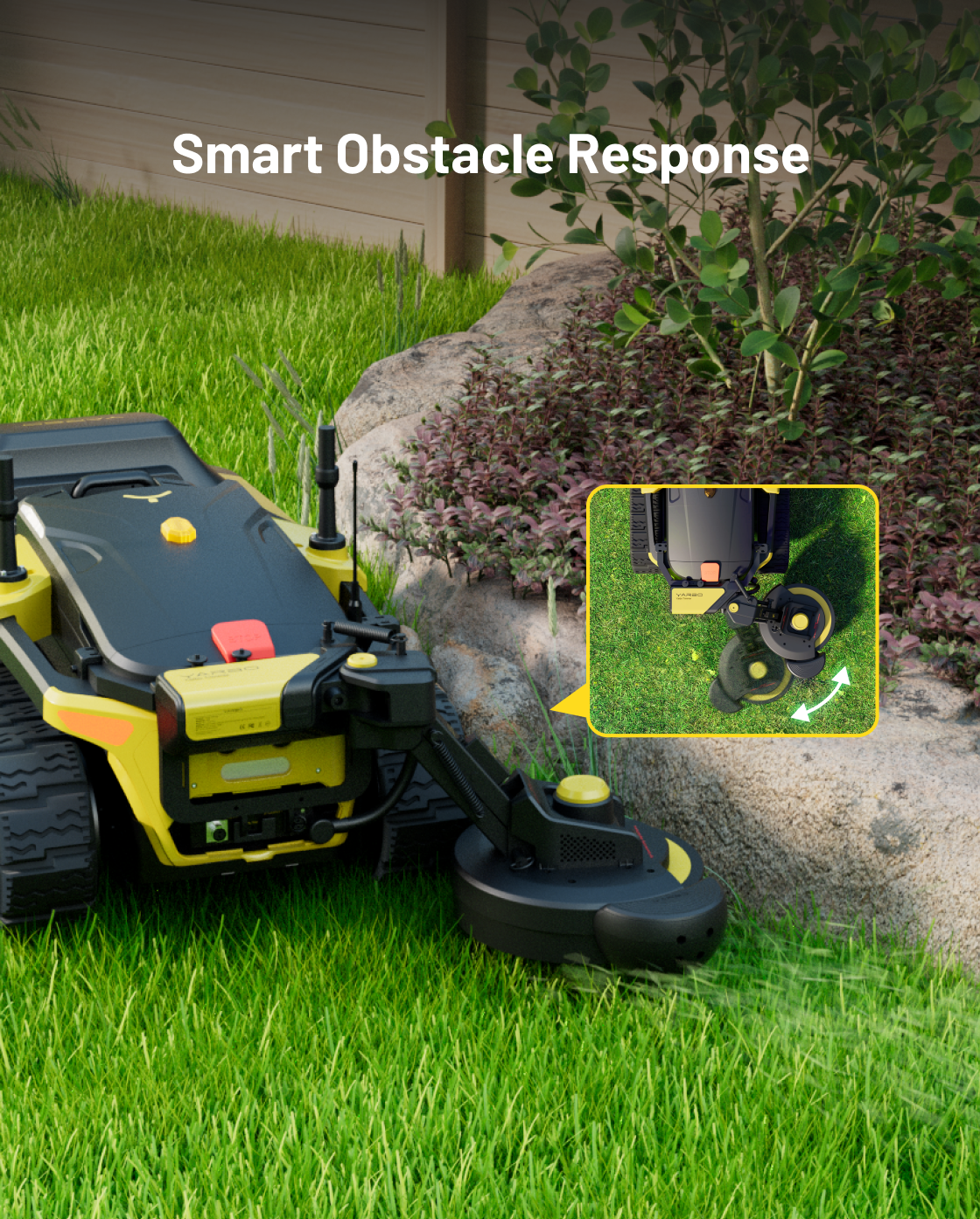 Yellow and black trimmer module with rotating cutting head, attached to robotic lawn mower, shown in grass near rock and shrubs, side view with inset close-up of obstacle response mechanism.
