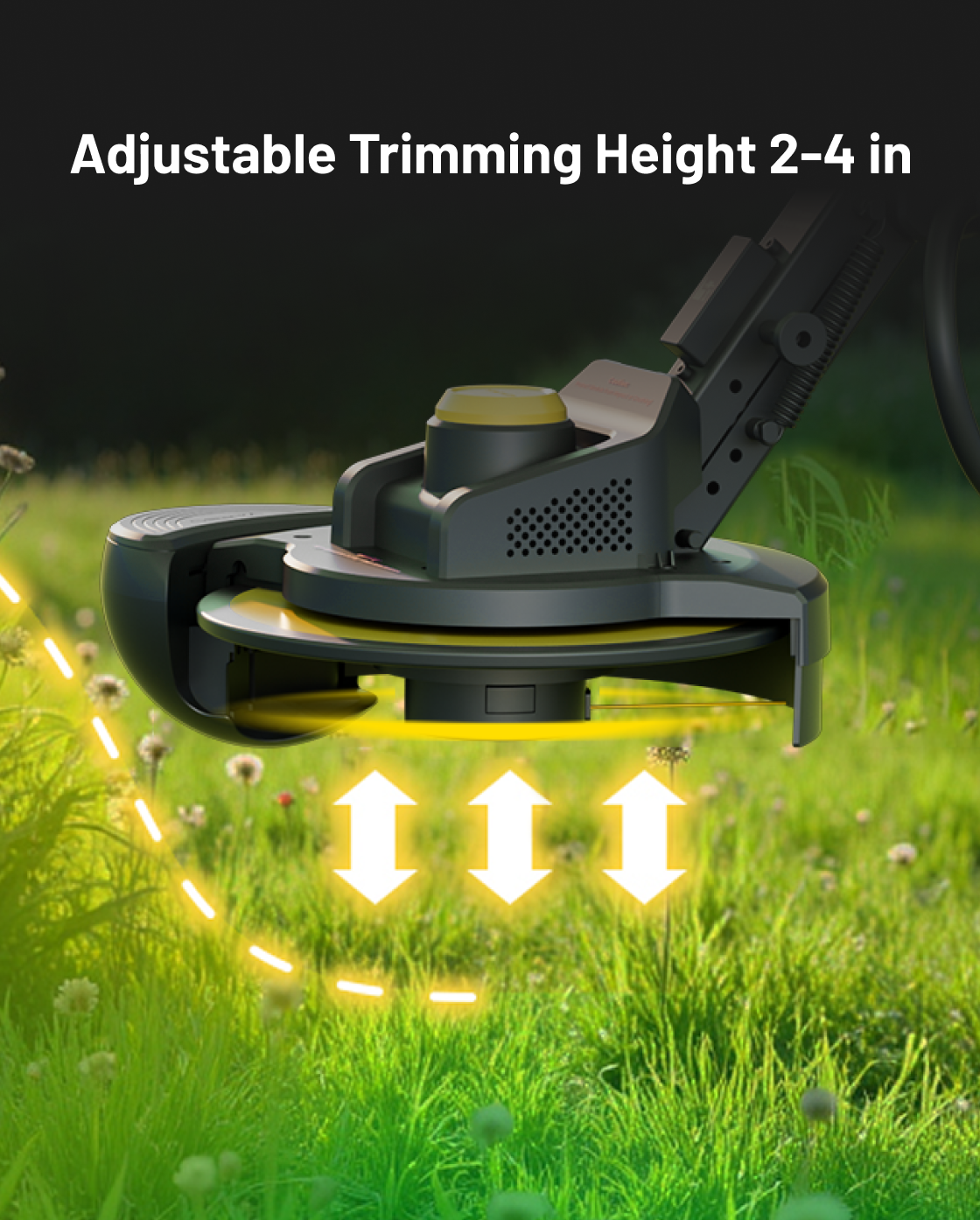 Black and yellow trimmer module with adjustable height settings over green grass, side view, Y Series design