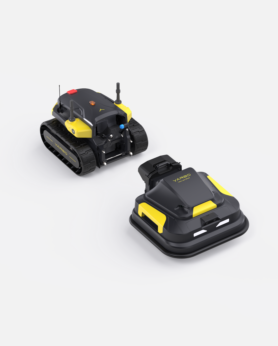 Black and yellow robotic lawn mower by Yarbo, featuring tracked and wheeled models with antennas and control buttons, shown in angled studio view.