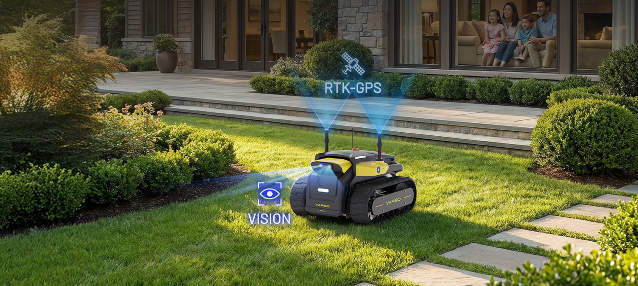 Yellow and black YARBO robotic lawn mower on green grass with RTK-GPS and VISION graphics; family watches from home window.