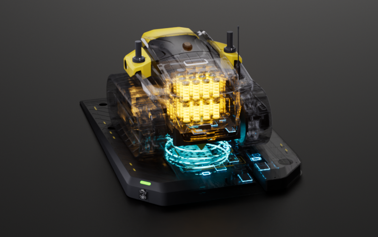 Transparent yellow and black futuristic vehicle with glowing golden core and blue energy base on dark platform.