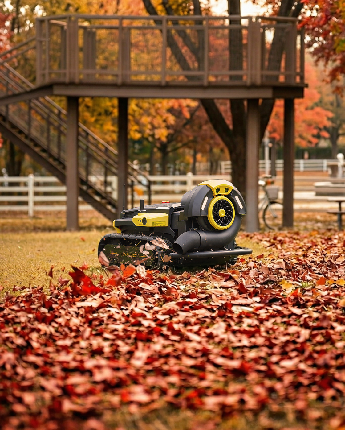 Black and yellow robotic leaf blower by Yarbo with tank treads, blowing autumn leaves in a yard, side view