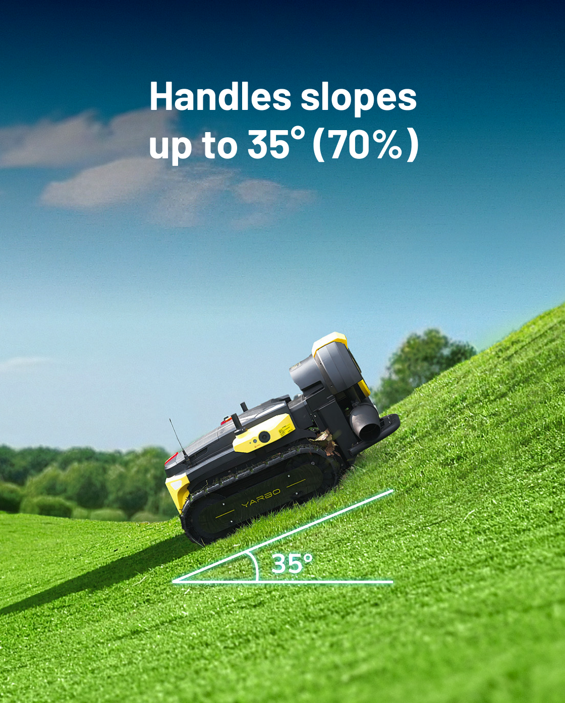 Black and yellow robotic lawn blower by Yarbo on grassy slope, side view, with 35-degree incline graphic