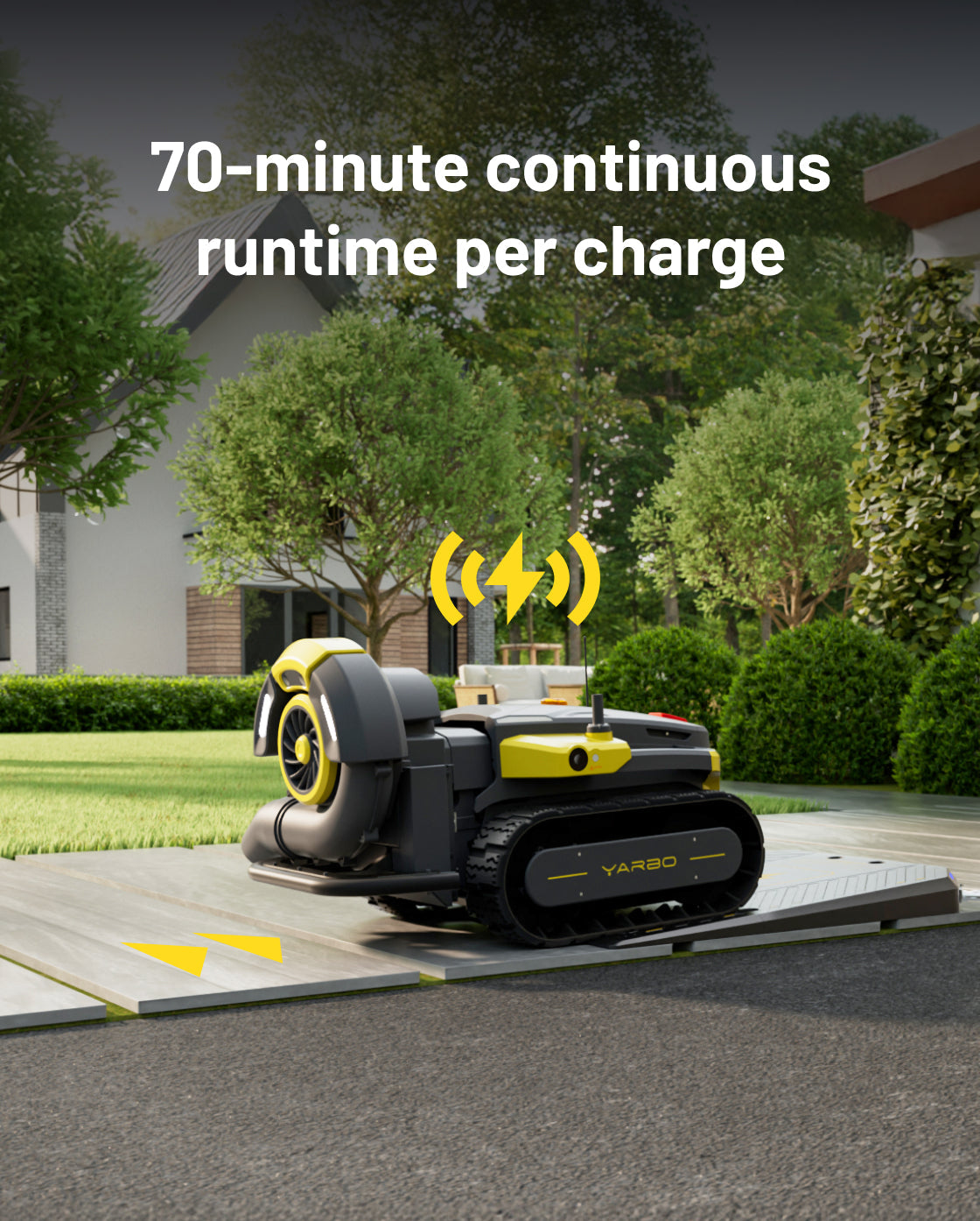 Yellow and black blower module by YARBO, attached to robotic lawn mower, side view on patio with green garden background