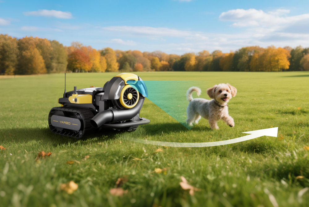 Yellow and black YARBO robot mower on green lawn with small white dog running nearby under blue sky with autumn trees.
