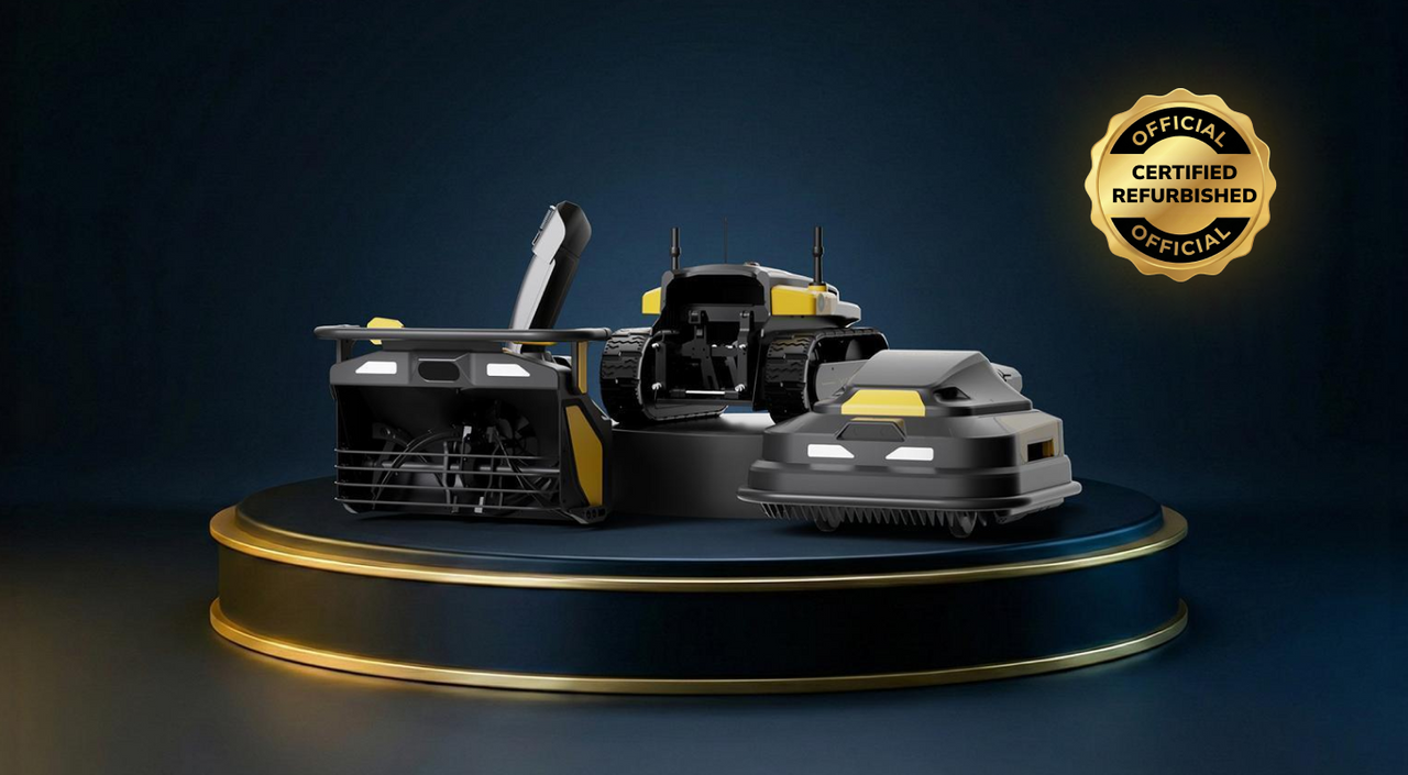 Three black and yellow robotic lawn mowers on a dark blue and gold pedestal, with a glowing gold "Certified Refurbished" seal in the top right corner.