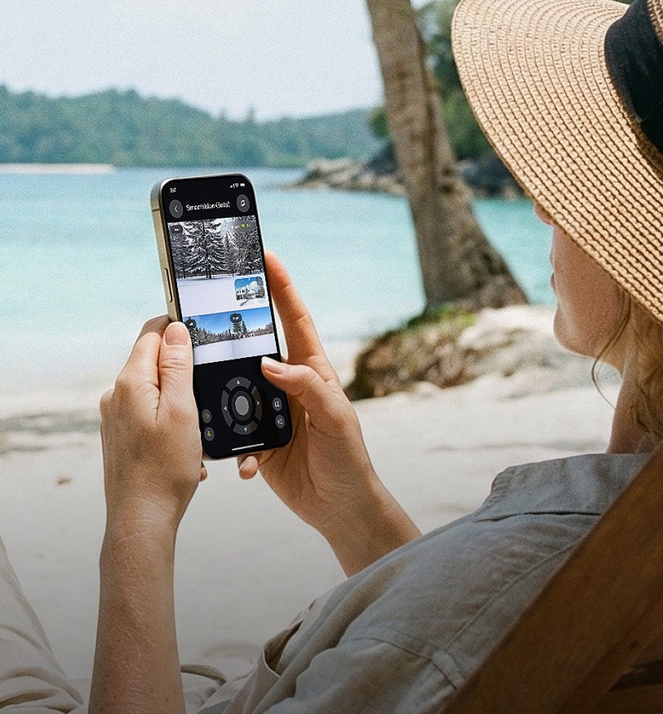 Woman in straw hat on beach holding phone with winter photo app, turquoise water and palm tree behind.