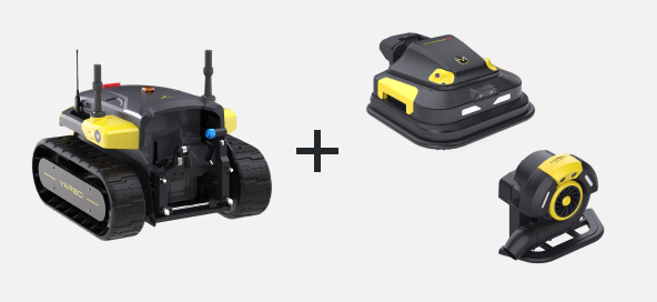 Black and yellow remote-controlled robot with tank treads, plus two matching accessories, on white background.