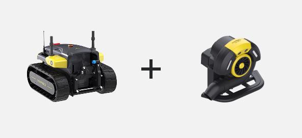 Black and yellow tracked robot with antennas, plus a matching yellow and black circular sensor device, on white background.