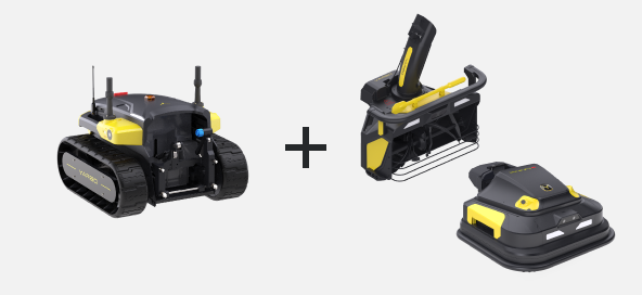 Black and yellow robotic lawn mowers with tracks and wheels, plus a charging dock, on a white background.