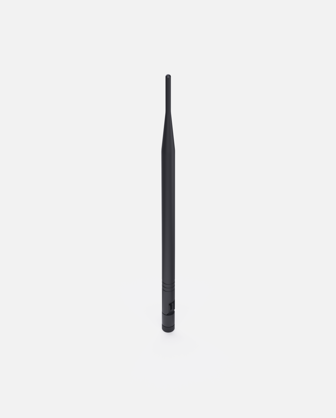 Black HaLow antenna for data center, sleek cylindrical design with threaded base, front view on white background