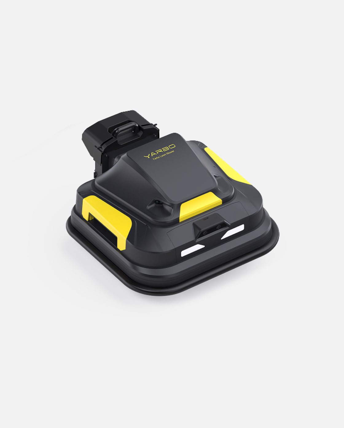 Black and yellow robotic lawn mower module by YARBO, compact square design with top-mounted handle and sensor panel, angled studio view