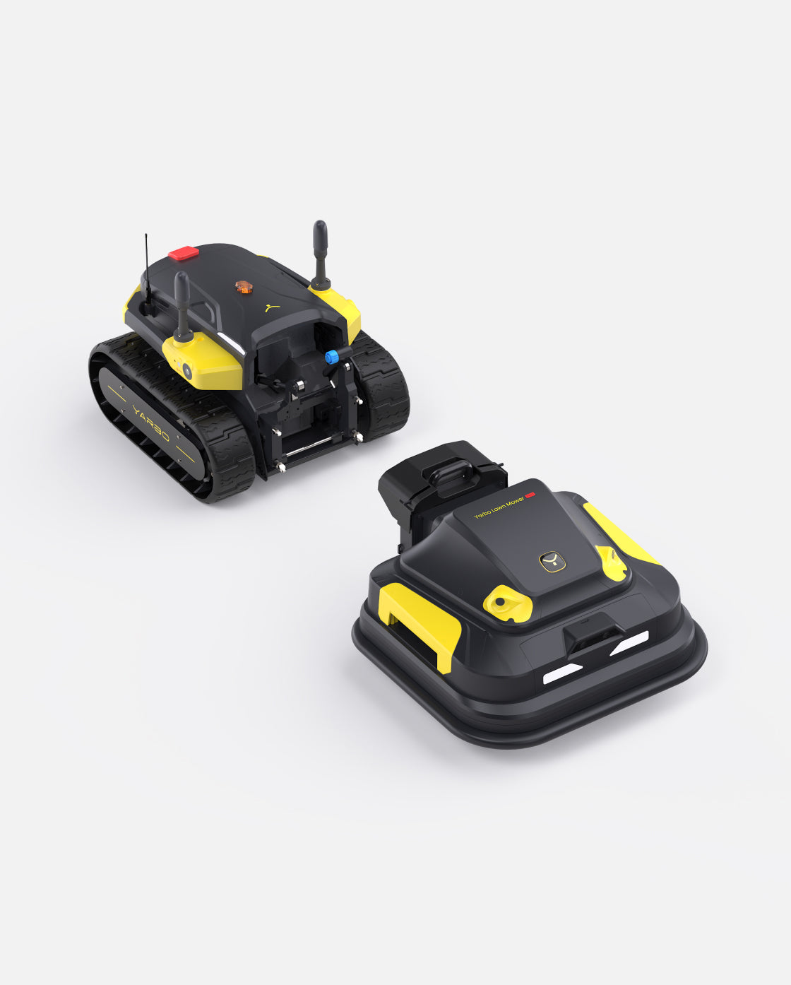 Black and yellow robotic lawn mower by Yarbo, featuring tank treads and compact design, shown from angled top views.