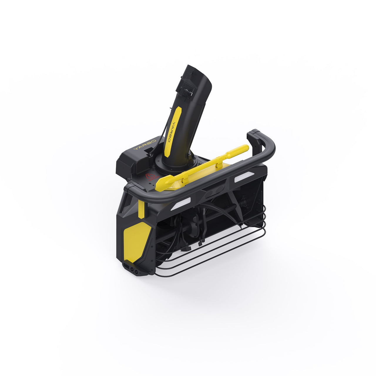 Black and yellow YARBO robotic lawn mower with handle and protective frame, studio shot on white background.