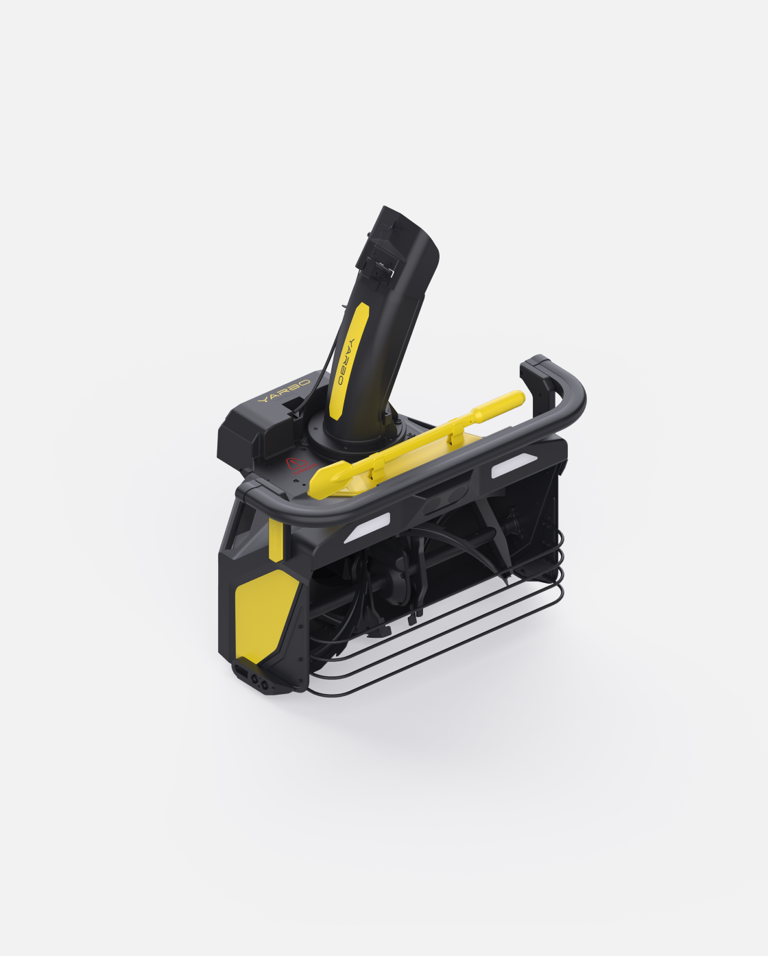 Black and yellow snow blower module with angular design and protective cage, by YARBO, shown in angled studio view