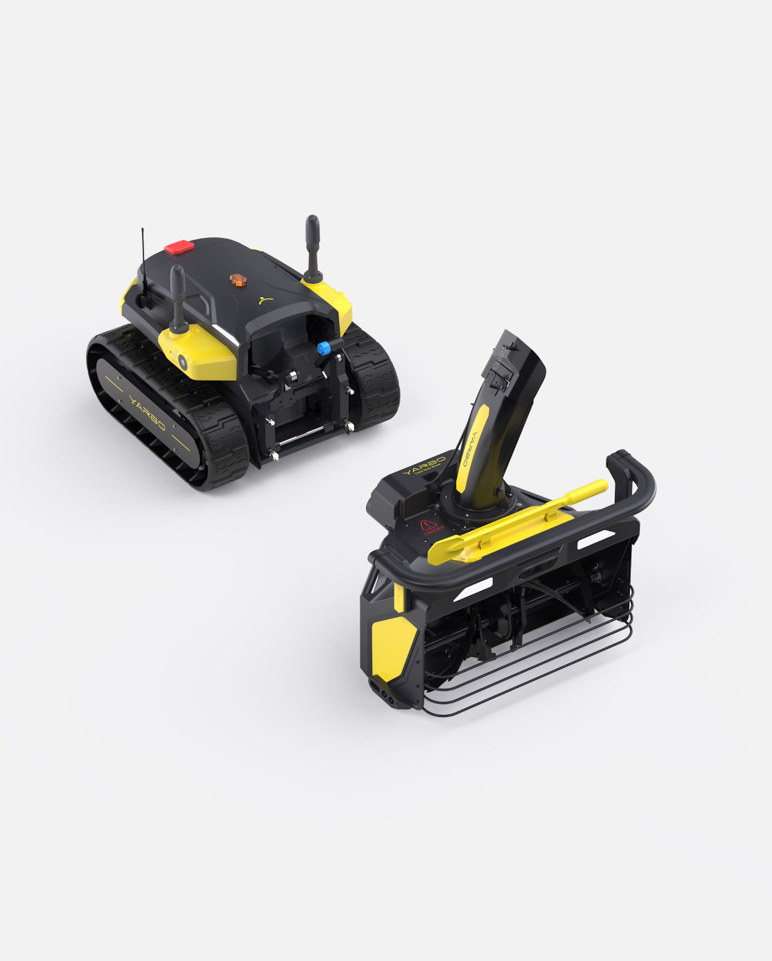 Black and yellow robotic snow blower by Yarbo, featuring tracked base and detachable snow-clearing attachment, shown in angled studio view.