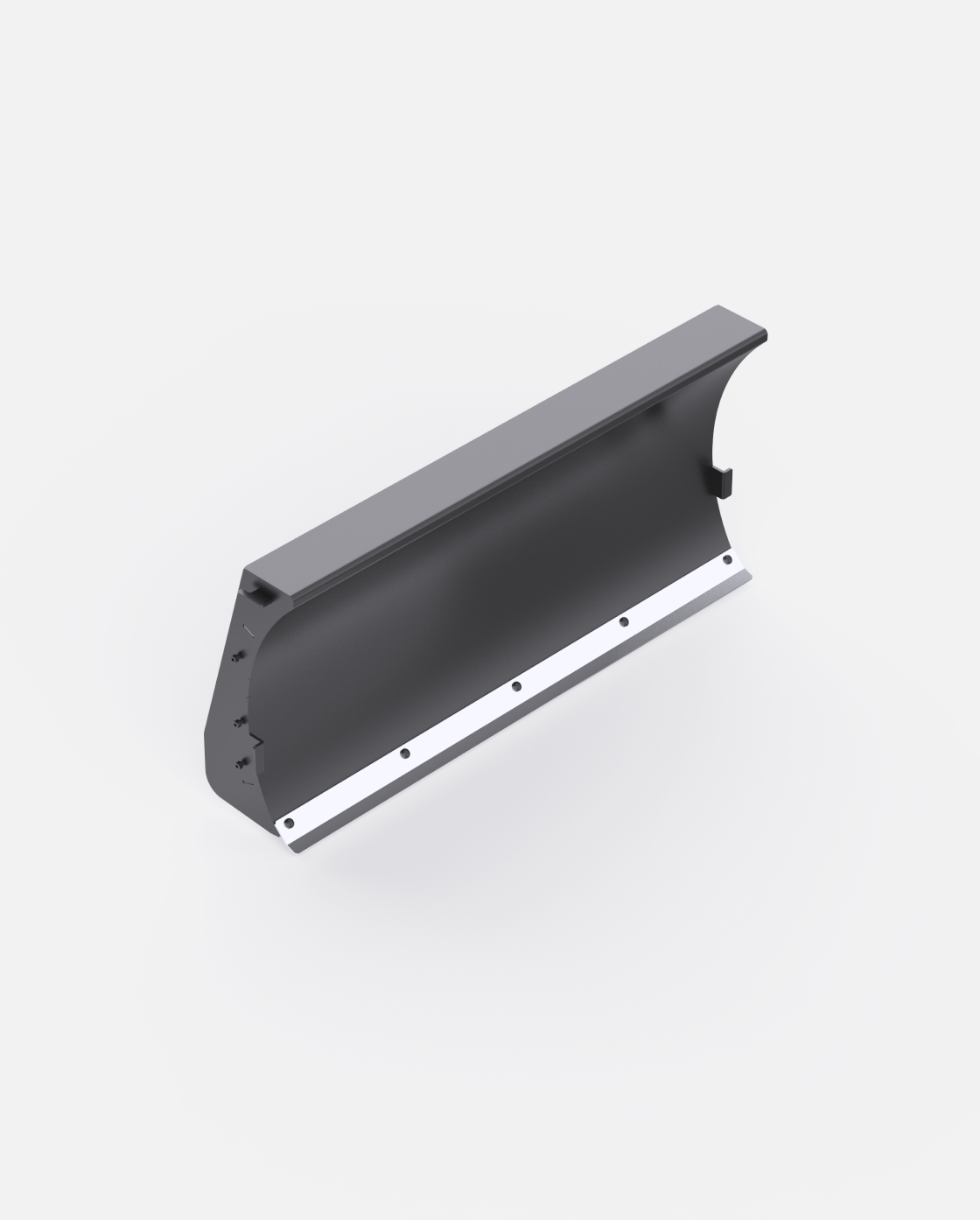 Gray snow plow blade with curved edge and white mounting strip, side view, Y Series model