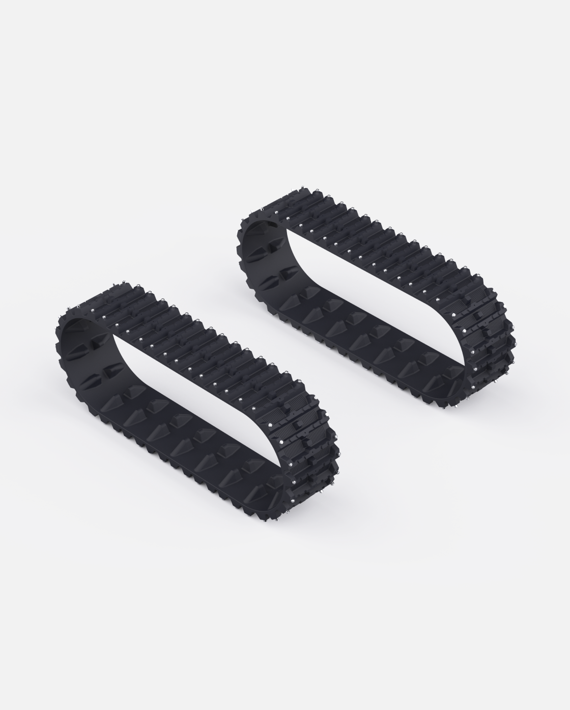 Black rubber snow tracks with aggressive tread pattern and metal studs, shown in side view, Y Series design