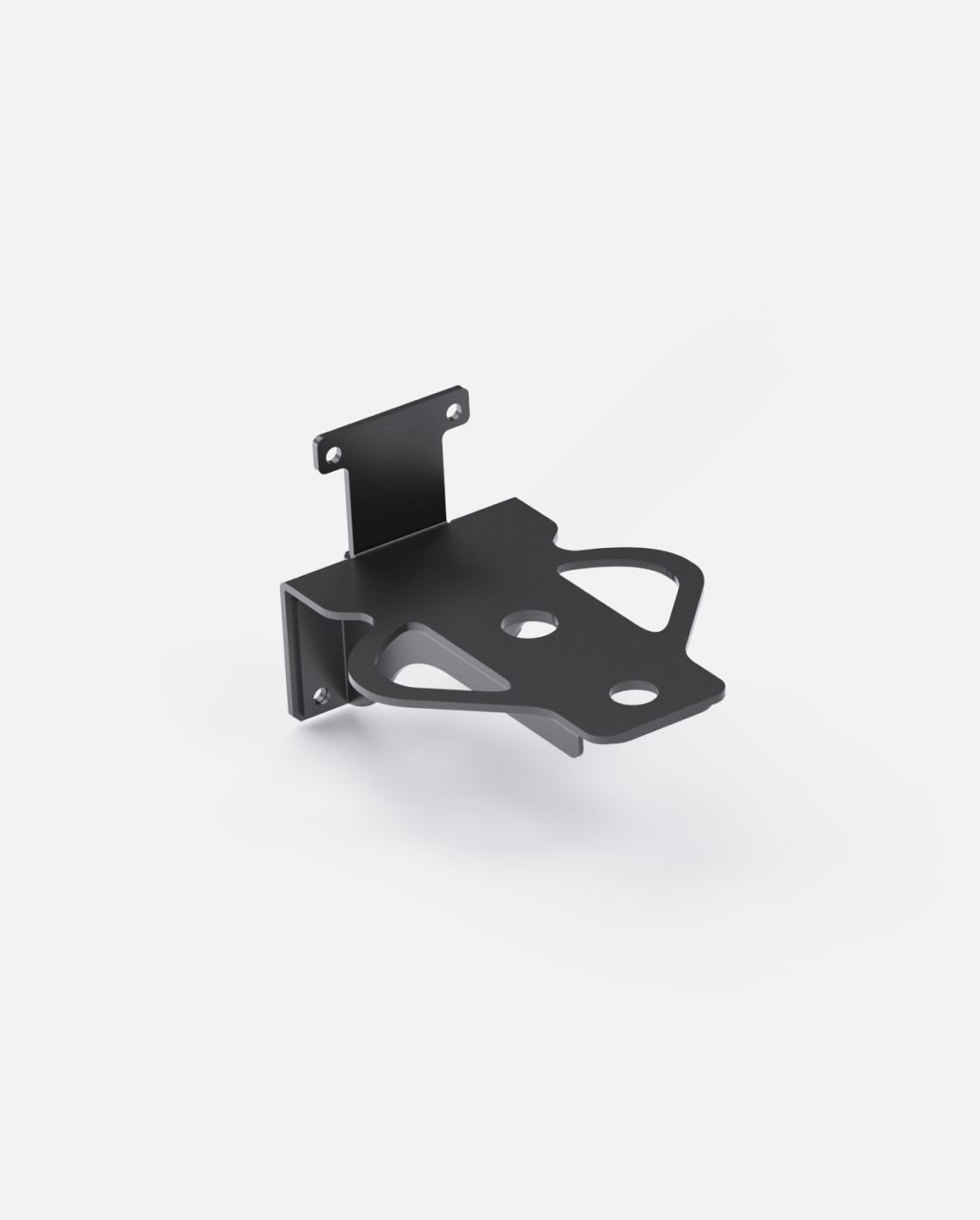 Black metal back brace mount with angular cutouts and mounting holes, side view, Y Series design