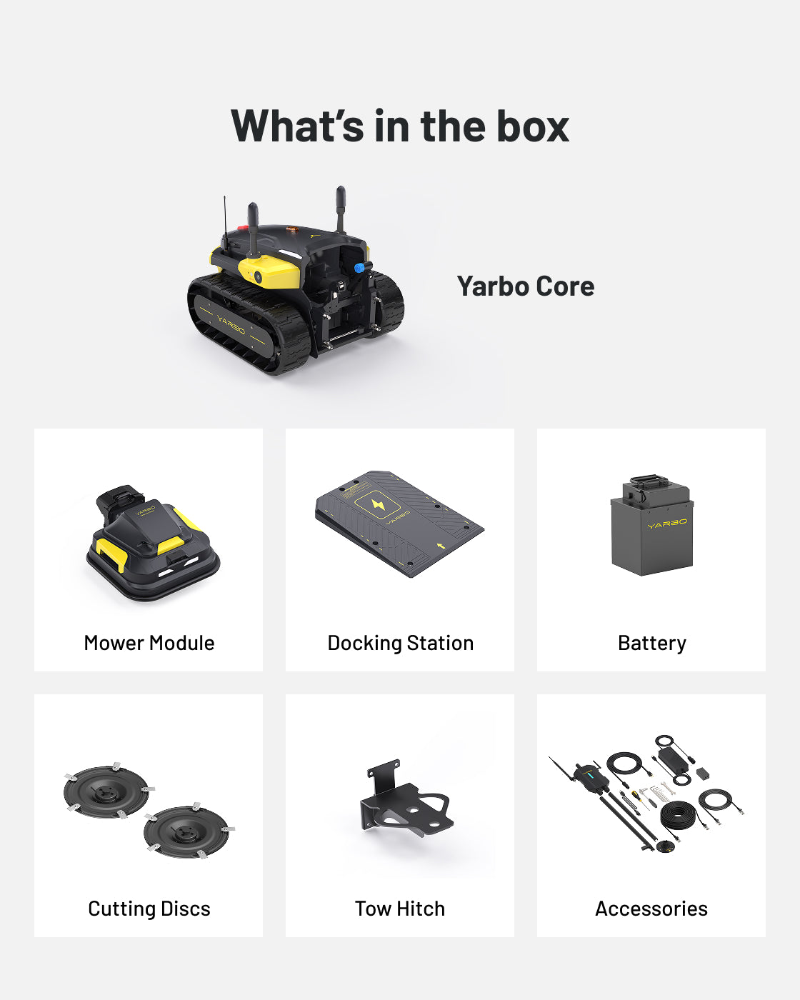 Black and yellow robotic lawn mower by Yarbo with tracked base, modular design, and included docking station, battery, and cutting discs.